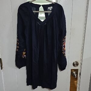 Crown & Ivy Womens Dress V-Neck Navy W/Embroidered Sleeves BoHo Sz L EUC
